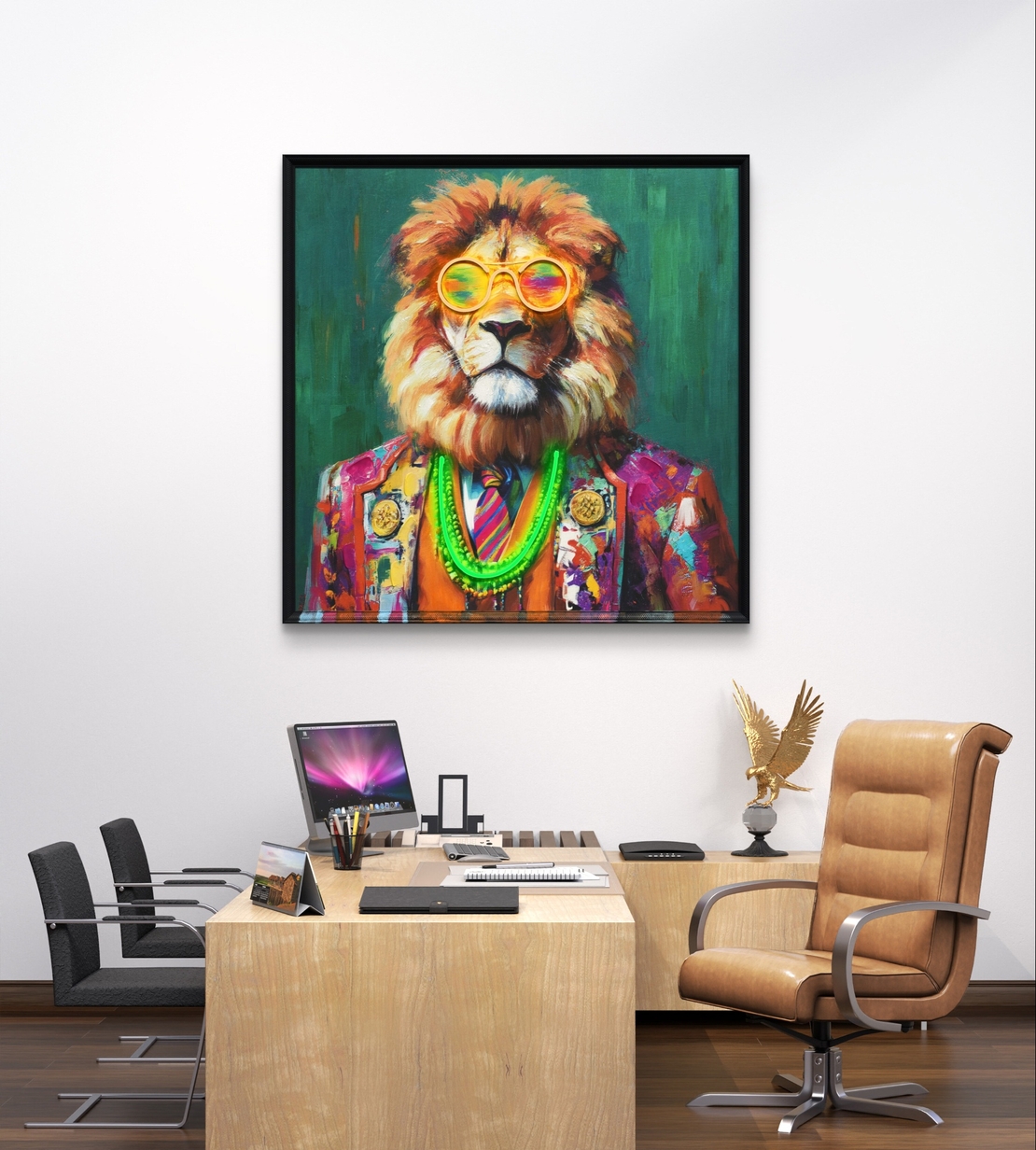 תמונת LED אריה צבעוני עם משקפיים ושרשרת ניאון – מופעלת על סוללות עם שלט רחוק - מידה 83*83 ס