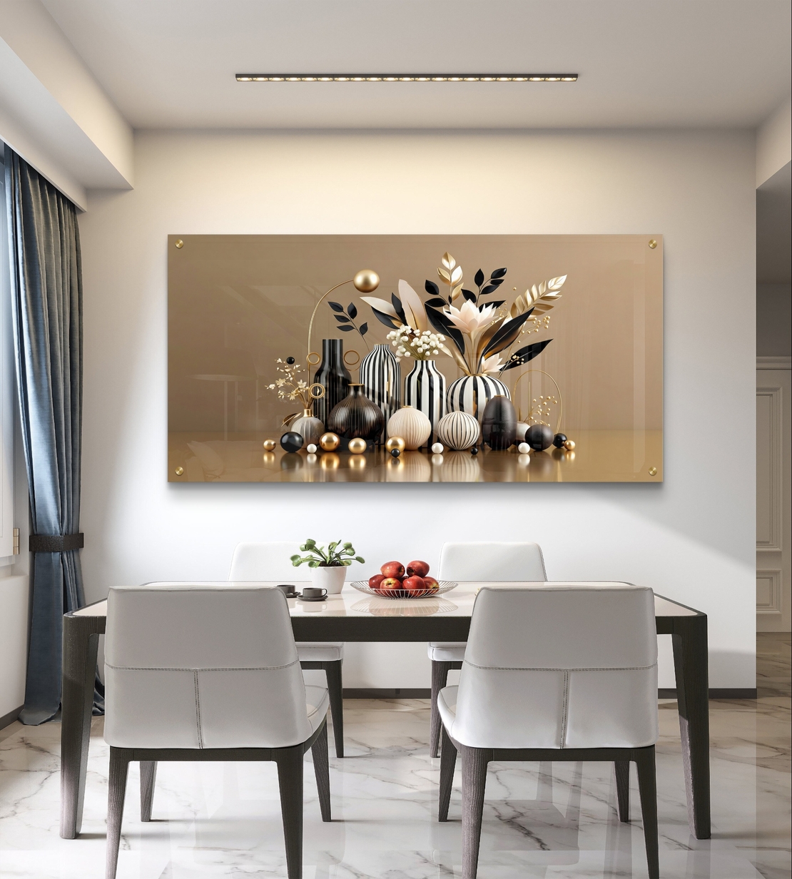 אגרטלים נואר – תמונת זכוכית טבע דומם עם אגרטלים שחור-זהב ופריחה מעוצבת | PN1005