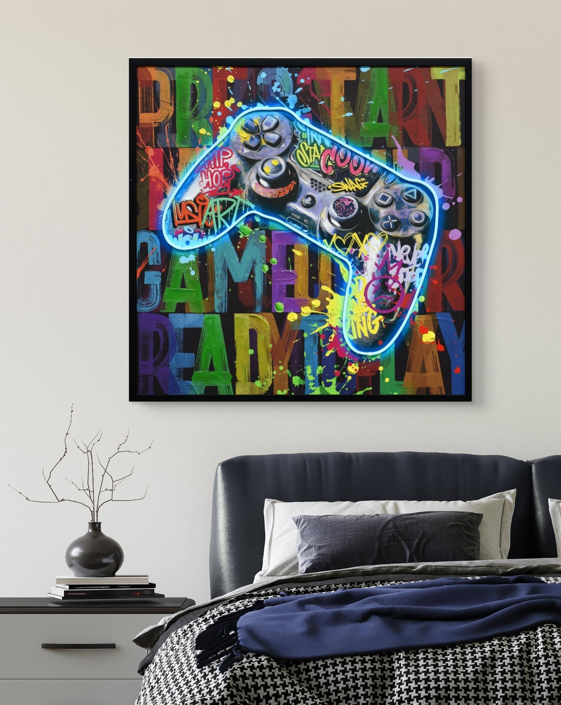 תמונת גיימינג מוארת עם שלט רחוק וסוללות – שלט קונסולה גרפיטי LED - מידה 83*83 ס