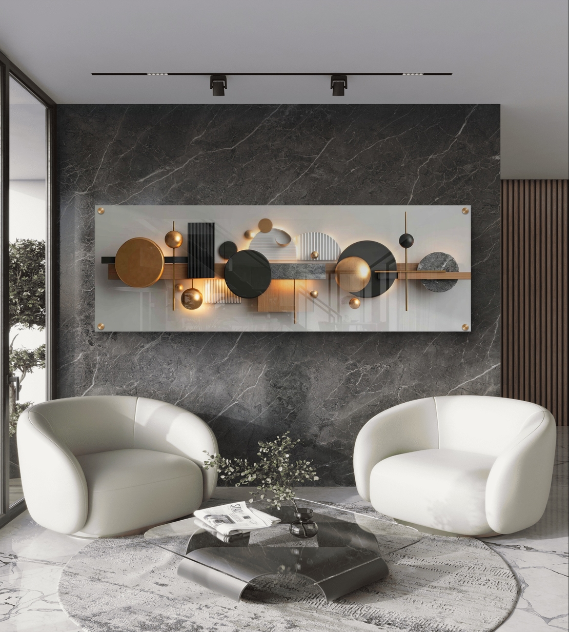 תמונת זכוכית פנורמית גאומטרית בגווני שחור, זהב ועץ בעיצוב מודרני, מינימליסטי ויוקרתי לקיר הבית