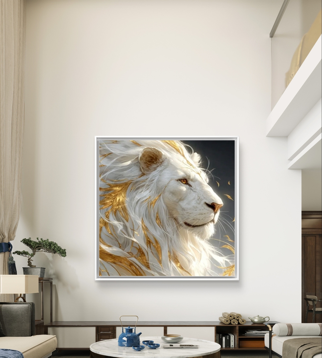 תמונת קנבס מרובעת של אריה לבן אצילי עם רעמה זהובה על רקע כהה יוקרתי