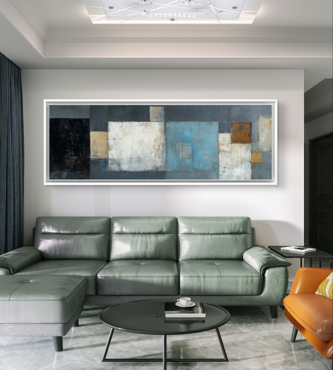 ריבועים שקטים – תמונת קנבס פנורמית אבסטרקטית בגווני כחול, לבן, אפור וזהב | CT4672