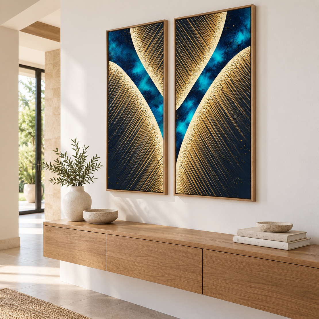 זוג תמונות קנבס עלים מוזהבים על כחול טורקיז | דגם ML7872