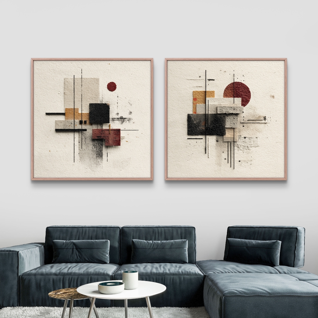 זוג תמונות קנבס גיאומטריות בגווני שמנת, שחור ובורדו – דגם SB6301