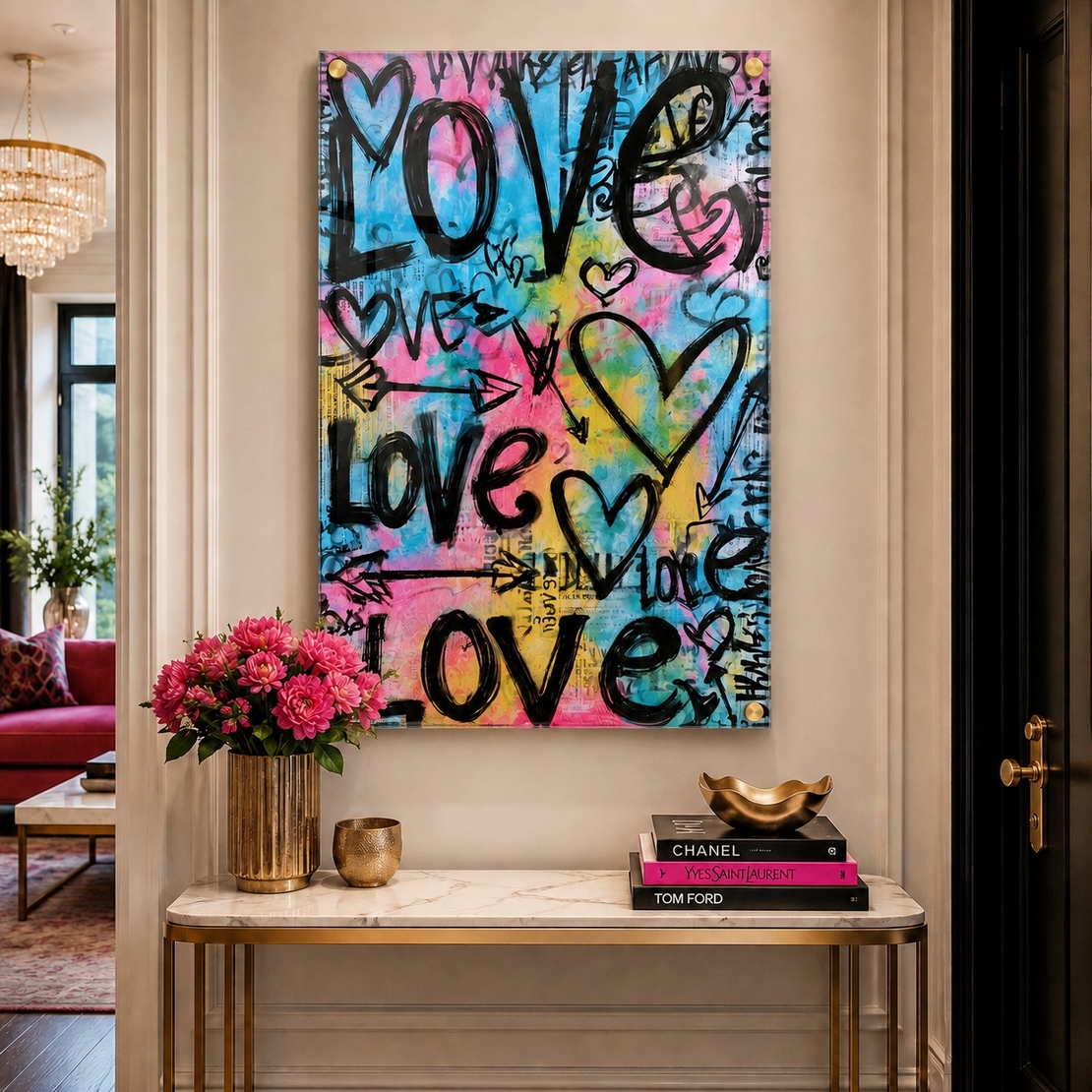 Love Street – תמונת זכוכית גרפיטי צבעונית עם לבבות לסלון | MG3073