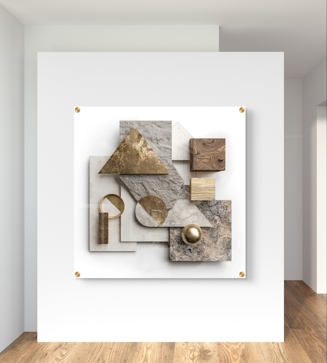 תמונת זכוכית מרובעת עם קומפוזיציה גאומטרית משולבת אבן, עץ ואלמנטים מוזהבים בהדפסה חלקה