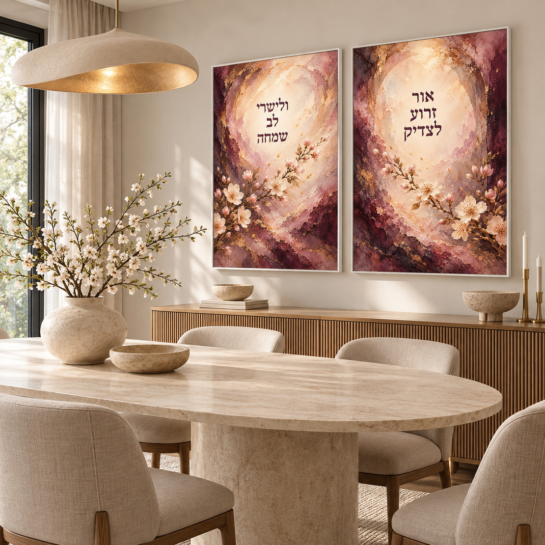 זוג תמונות קנבס אור זרוע לצדיק עם פריחת שקד | דגם RB2981