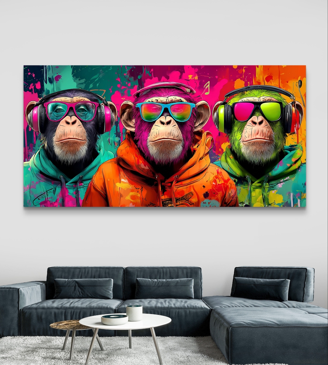 שלושת ה-DJ – תמונת קנבס קופים עם אוזניות בסגנון פופ-ארט | CY4513