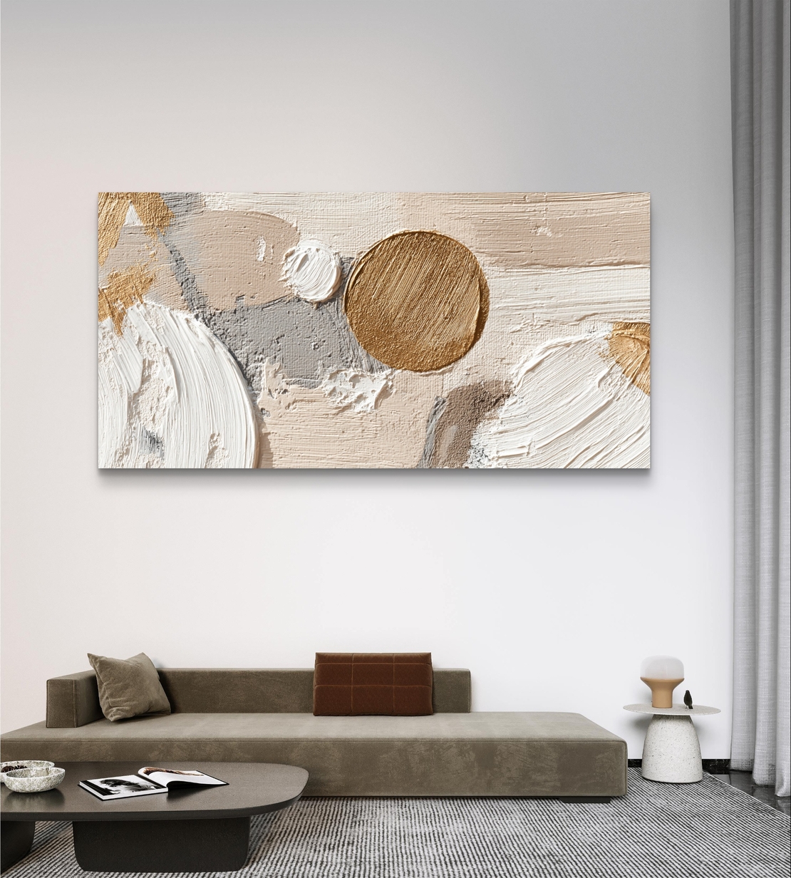 תמונת קנבס לסלון – שקט מוזהב: אבסטרקט בז’ עם עיגול זהב | דגם CF6773