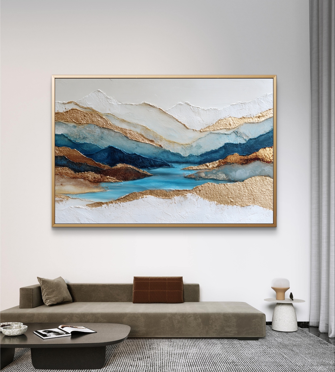 תמונת קנבס אבסטרקטית בגווני כחול ותכלת עם נגיעות זהב בעיצוב יוקרתי