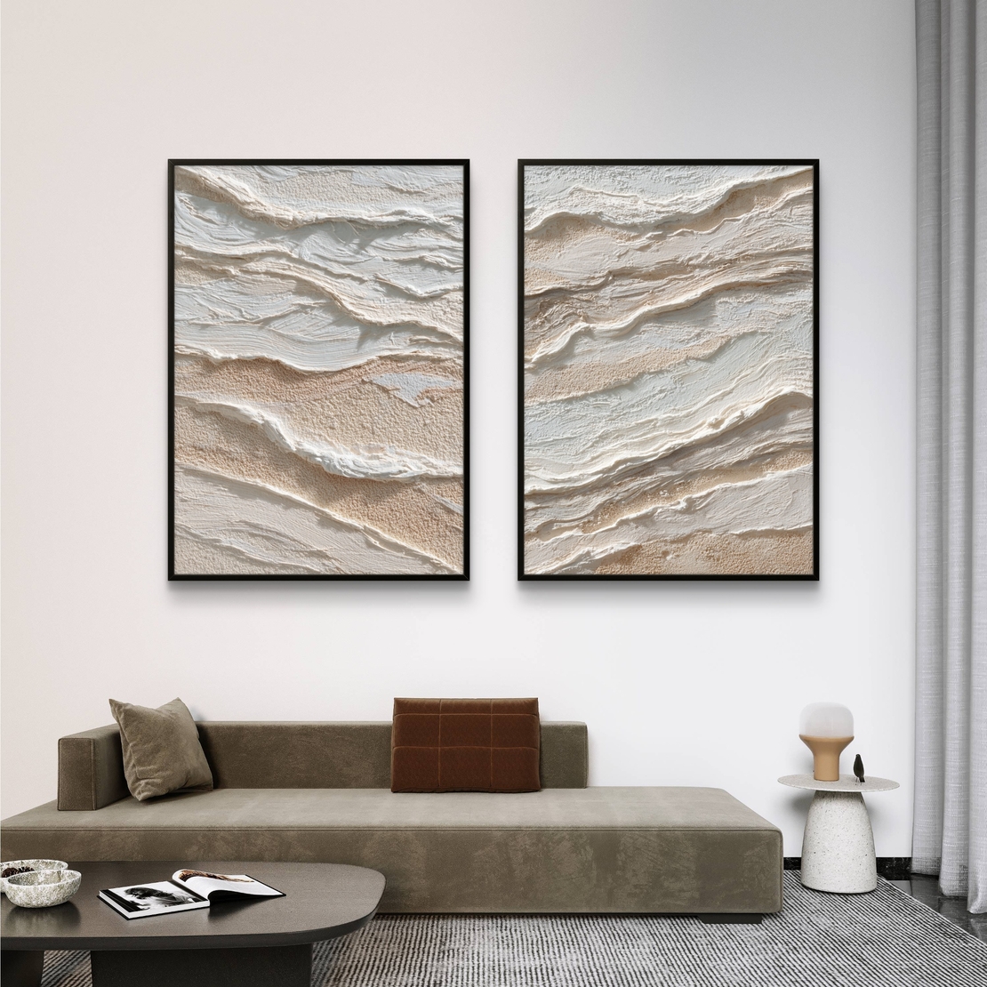 סט תמונות קנבס זוגיות בגווני שמנת ובז’ בעיצוב שכבות טבעיות ומינימליסטיות