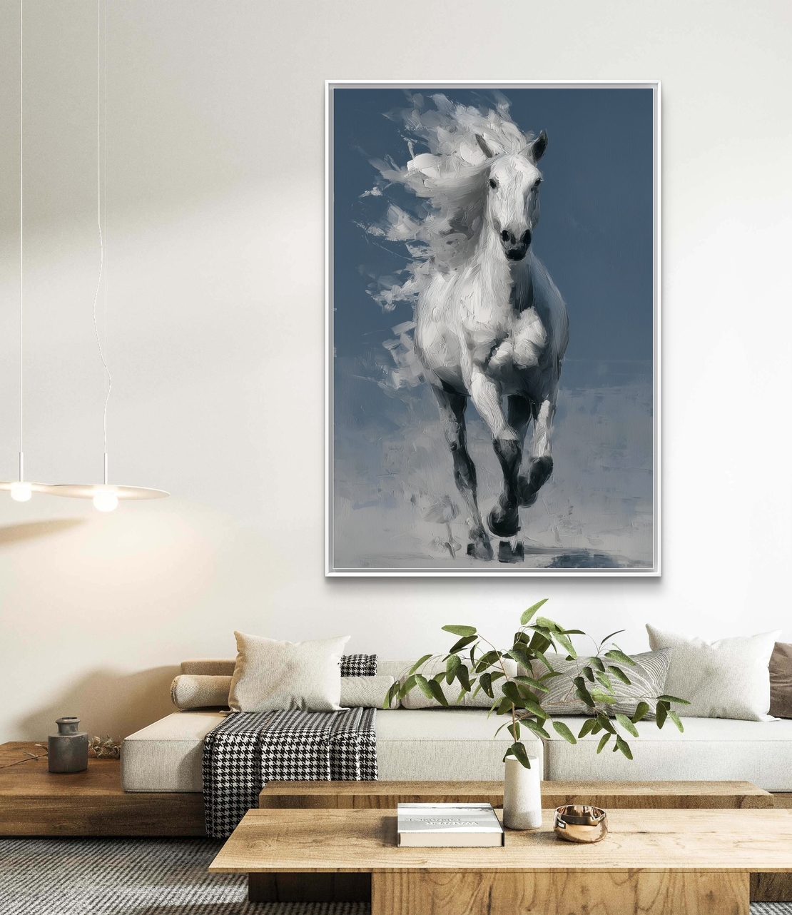 תמונת קנבס של סוס לבן דוהר על רקע כחול עמוק