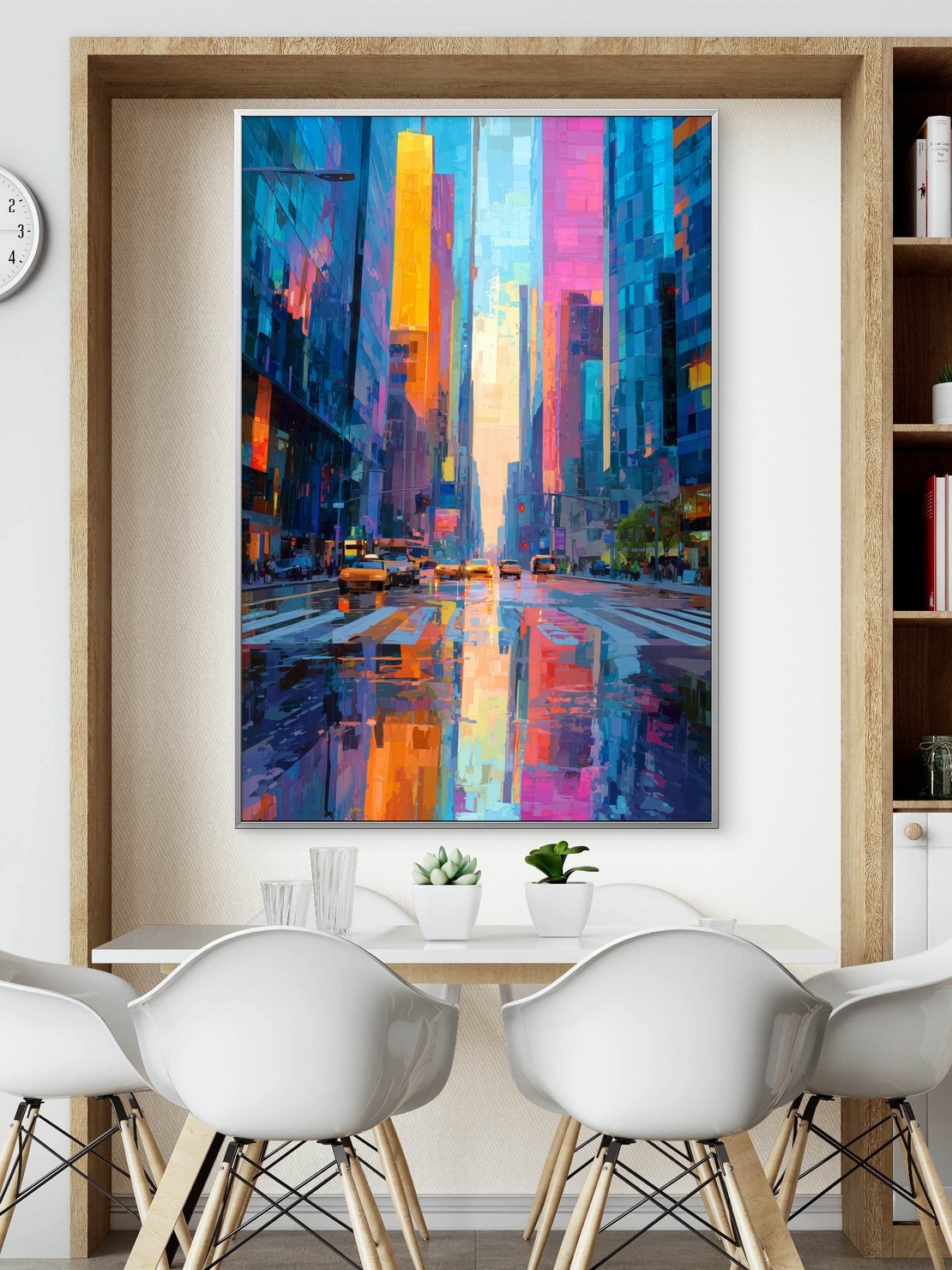 תמונת קנבס של רחוב עירוני צבעוני עם גורדי שחקים והשתקפות אורות על כביש רטוב – NEXTGEN BY BAR