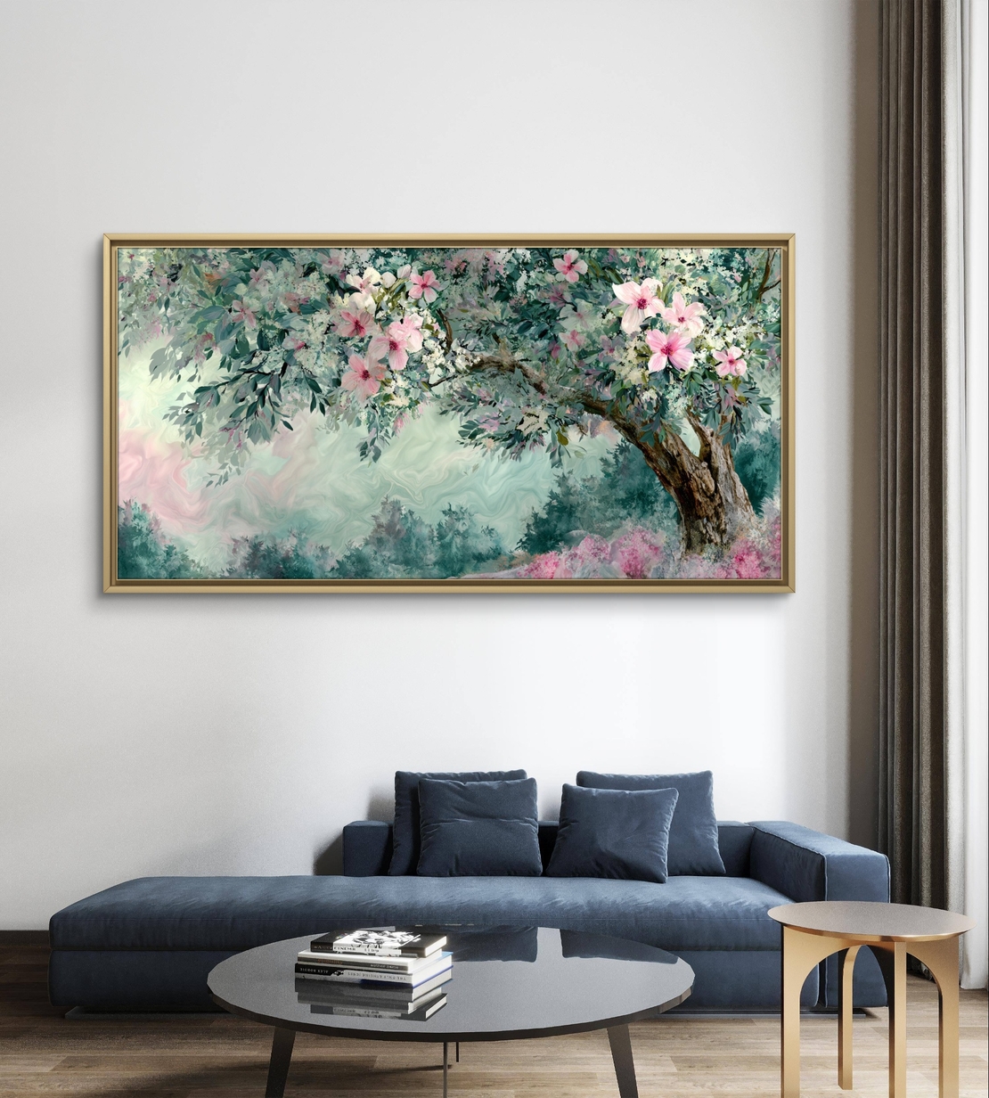 תמונת קנבס פריחת אביב רומנטית – ענפי פרחים בגווני ירוק ופודרה | CJ6532