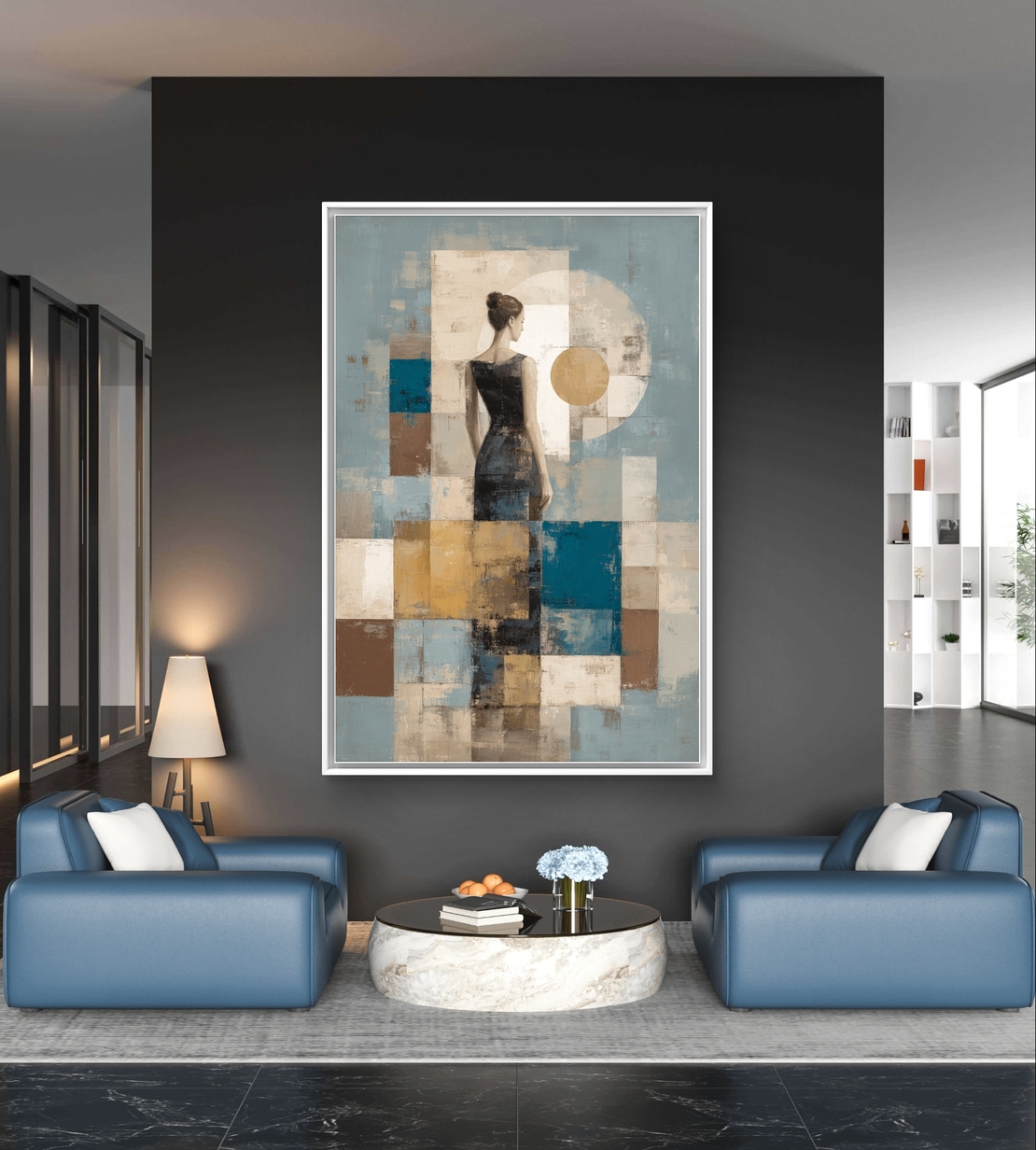 תמונת קנבס של דמות נשית בגב לצופה עם קומפוזיציה גאומטרית בגווני תכלת, קרם וחום בהדפסה חלקה