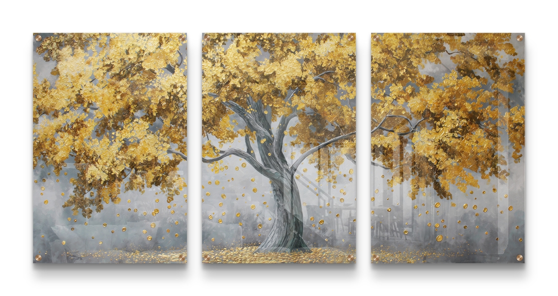 תמונת זכוכית שלישייה עם עץ זהוב ועלים מרחפים על רקע אפור בעיצוב מודרני