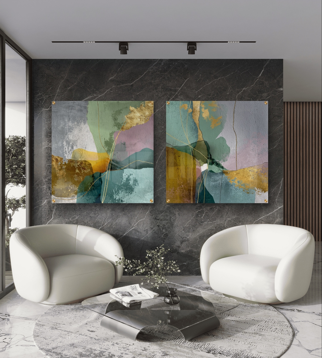 סט תמונות זכוכית מרובעות בגווני ירוק, טורקיז, ורוד וזהב בעיצוב אבסטרקטי – תכשיט לבית