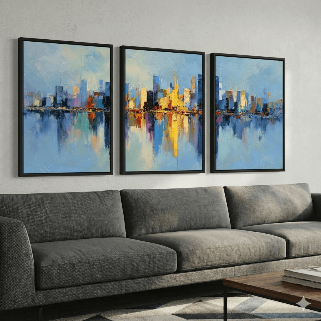 שלישיית תמונות קנבס עם נוף עירוני אבסטרקטי והשתקפות במים בגווני כחול וצהוב