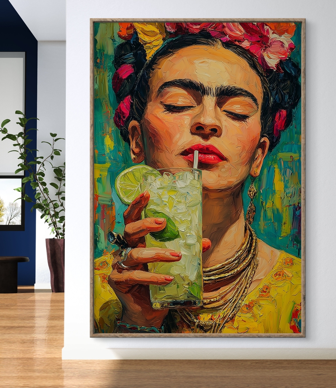 תמונת קנבס צבעונית בהשראת פרידה קאלו עם כוס משקה