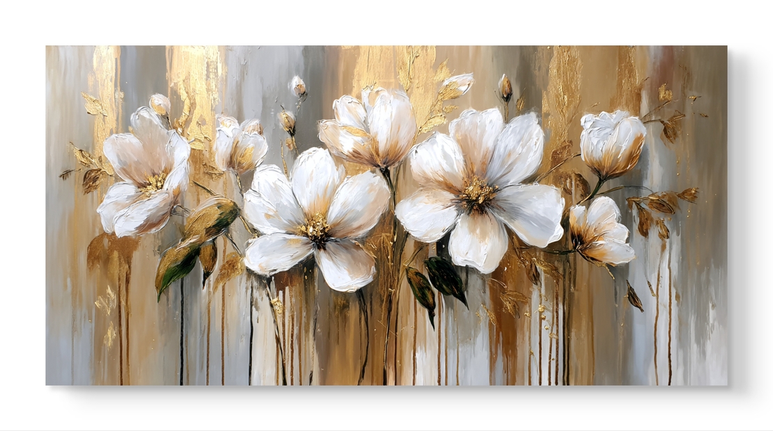 תמונת קנבס Golden Harmony – פרחים לבנים בעיצוב מופשט עם נגיעות זהב ואפור