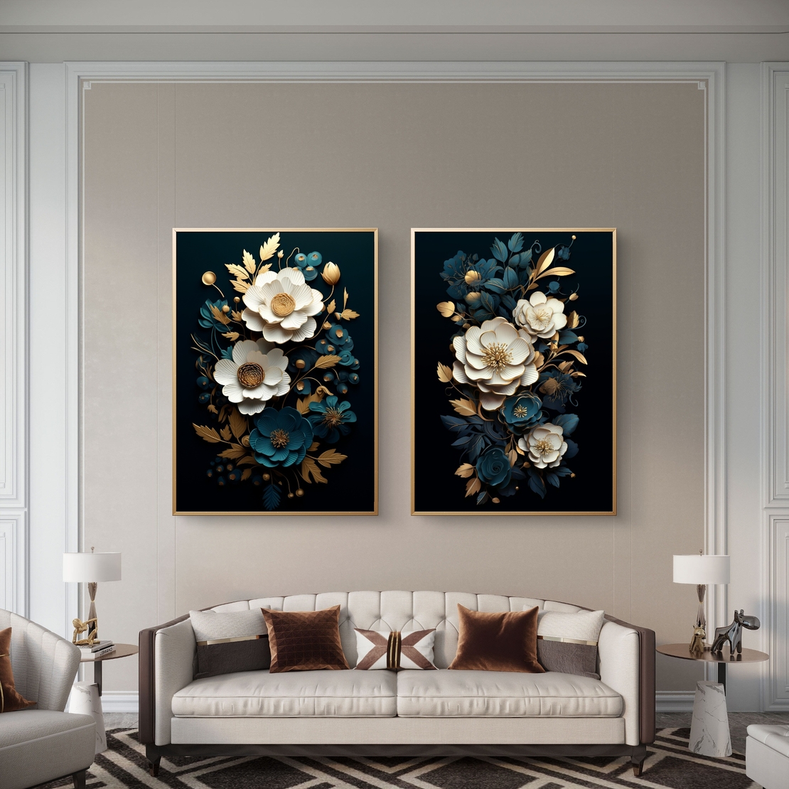 תמונת קנבס זוגית פרחונית בגווני שחור, טורקיז ולבן עם נגיעות זהב יוקרתיות