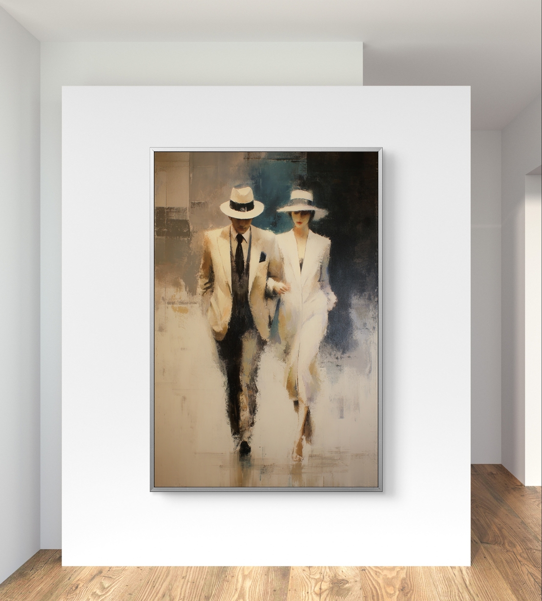ציור קנבס רומנטי בסגנון קלאסי עם גבר ואישה לבושים בלבן וכובעים