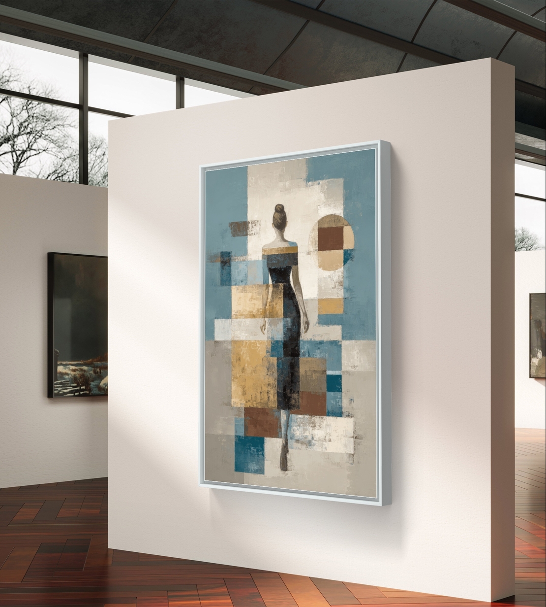 תמונת קנבס של דמות נשית מאחור בסגנון אבסטרקט גאומטרי בגוונים רגועים