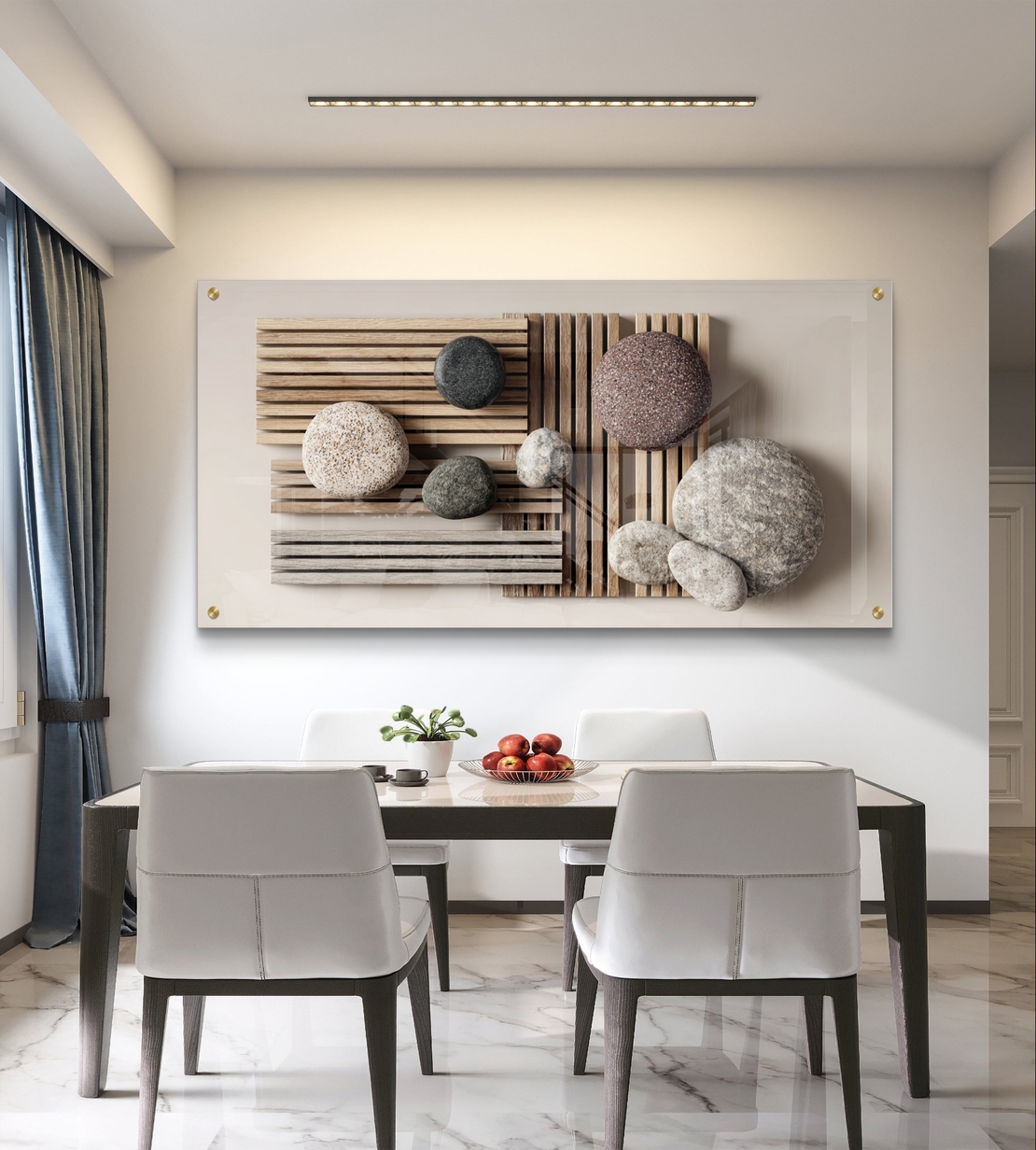 תמונת זכוכית אופקית עם אבנים מעוגלות ולוחות עץ בעיצוב טבעי-מינימליסטי בהדפסה חלקה
