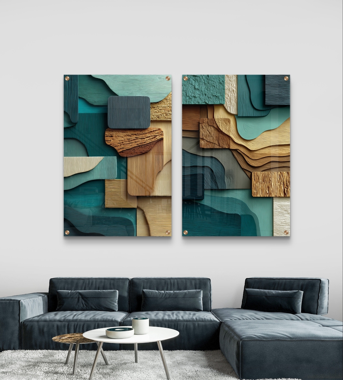 תמונת זכוכית זוגית בעיצוב אבסטרקטי עם שכבות גאומטריות בגווני ירוק, עץ וחומים, מודפסת בהדפסה חלקה ומודרנית