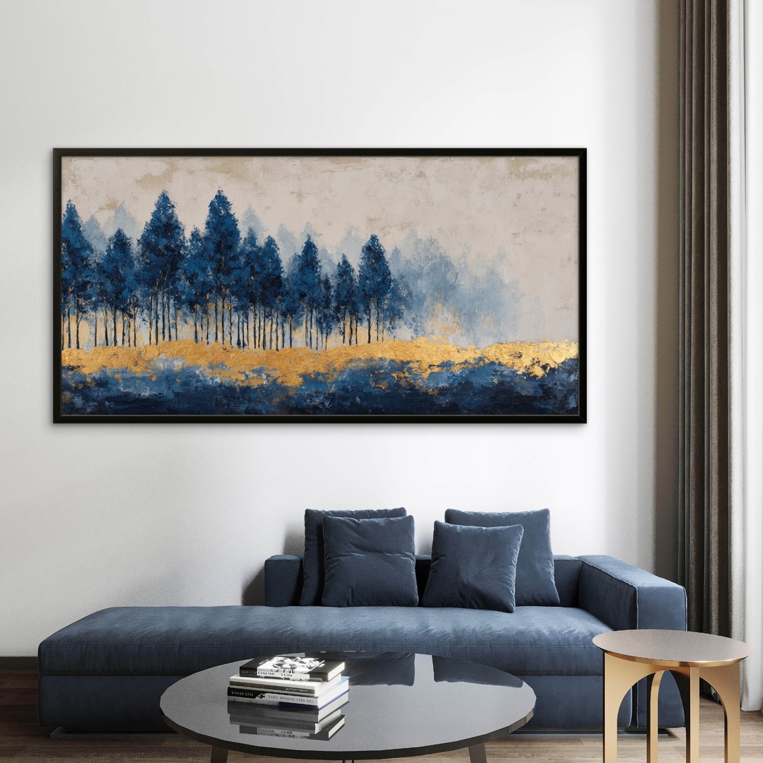 תמונת קנבס של יער עצים כחולים עם נגיעות זהב על רקע בהיר