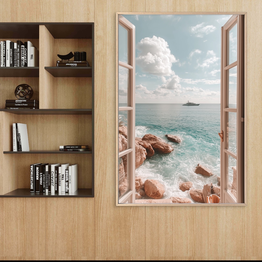 תמונת קנבס חלון לים בגווני טורקיז ובז’ – מתוך קולקציית NEXTGEN BY BAR של תכשיט לבית, בעיצוב יוקרתי והדפסה חלקה ואיכותית.