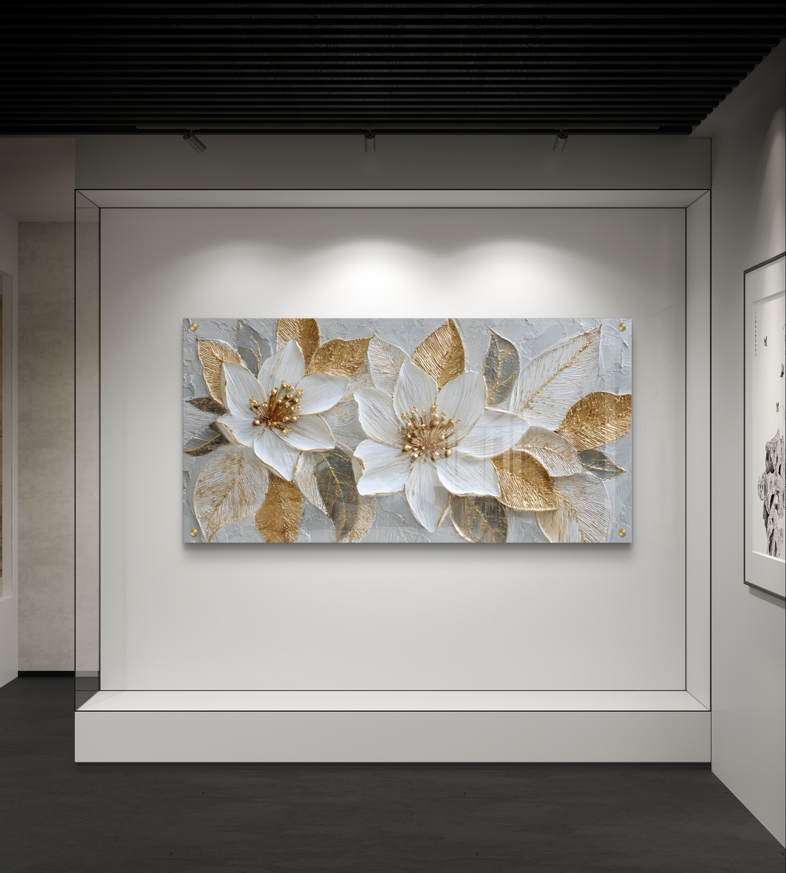 תמונת זכוכית לרוחב של שני פרחים בלבן וזהב בעיצוב אומנותי יוקרתי עם הדפסה חלקה ללא תבליט
