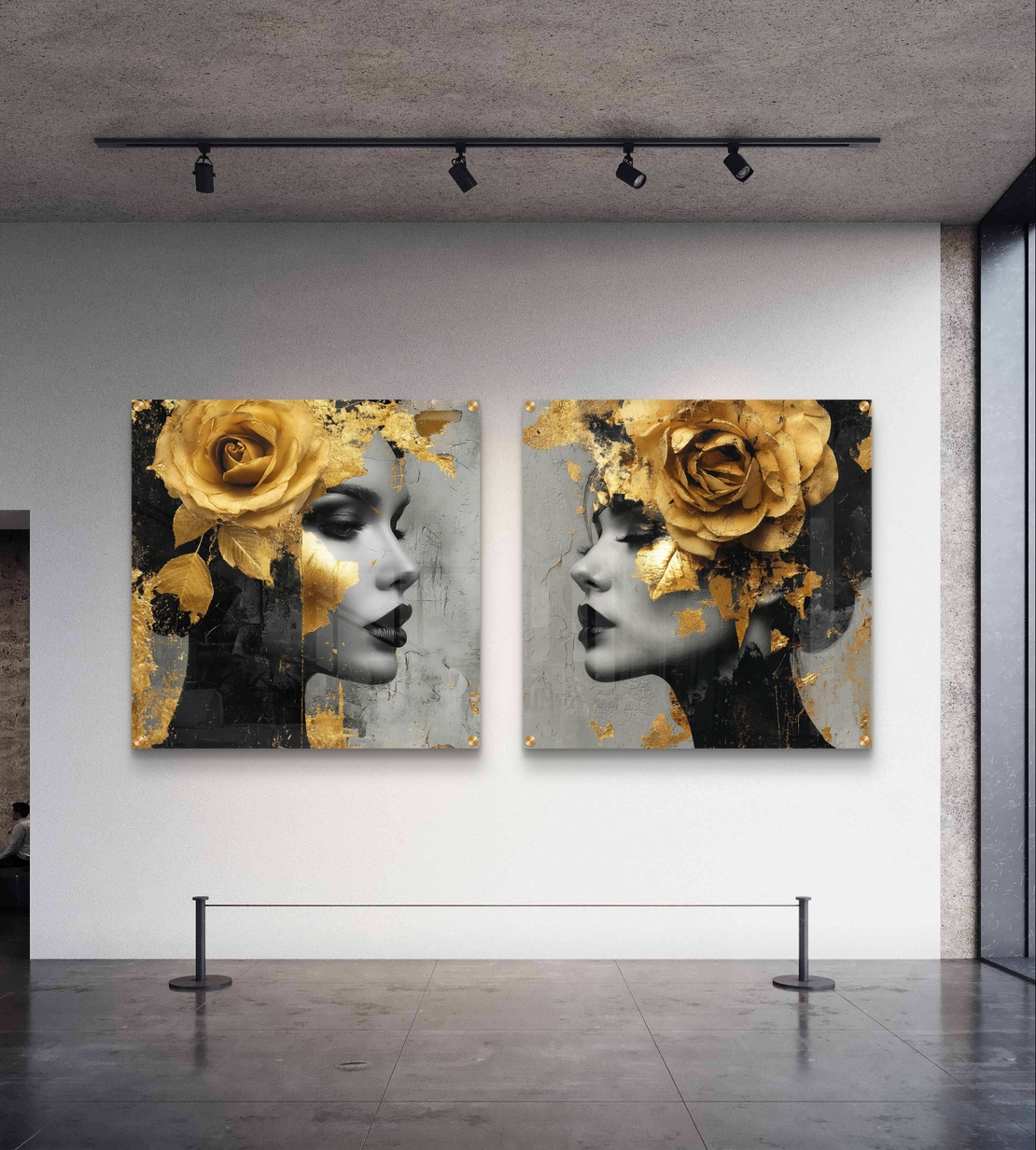 סט תמונות זכוכית מרובעות עם דמויות נשיות בשחור־לבן ואלמנטים מוזהבים – תכשיט לבית