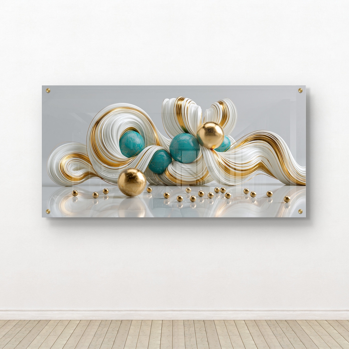 גלים מטאליים בזהב וטורקיז – תמונת זכוכית יוקרתית לרוחב | CF4603