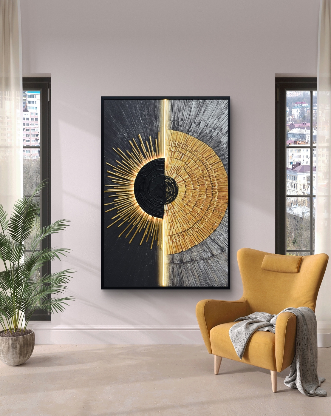 תמונת שמש אבסטרקטית שחור זהב מוארת עם שלט רחוק וסוללות – אמנות LED דגם LED1009-מידה 123*83 ס
