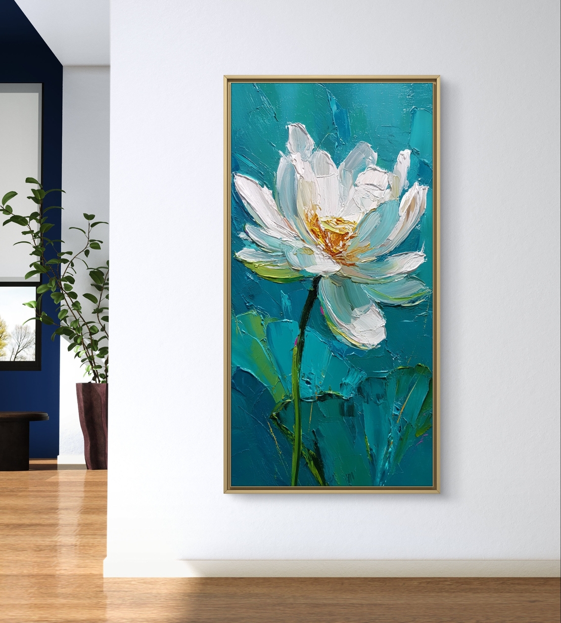תמונת קנבס לאורך עם פרח לבן פתוח על רקע טורקיז בעיצוב אמנותי רגוע