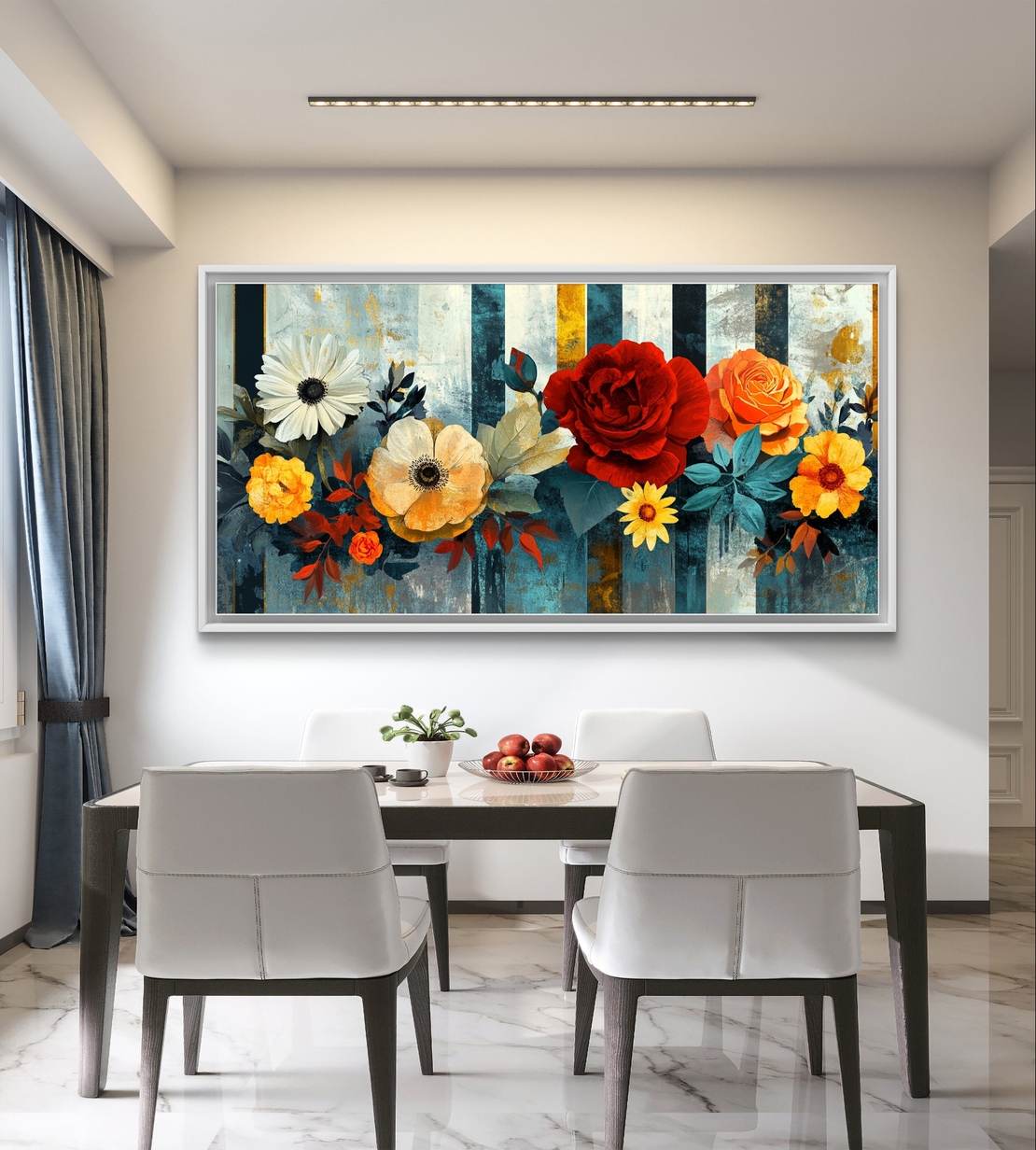 תמונת קנבס לרוחב עם פרחים צבעוניים בגווני אדום, כתום ושמנת על רקע מודרני בגווני כחול וזהב.