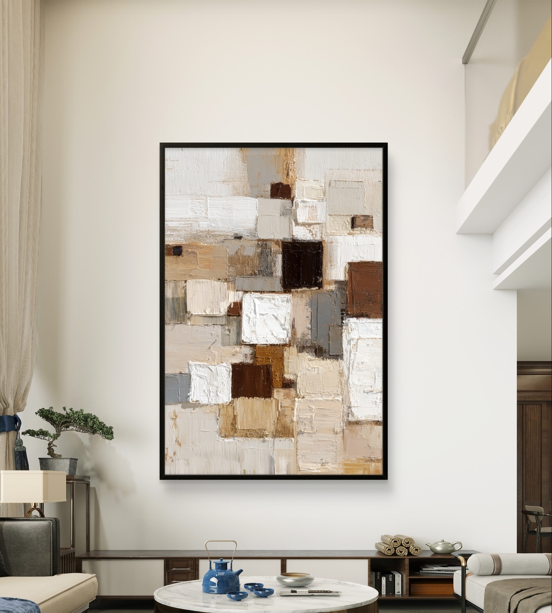 קומפוזיציית בלוקים בגווני שמנת, בז׳ וחום – תמונת קנבס אבסטרקטית | DX5111