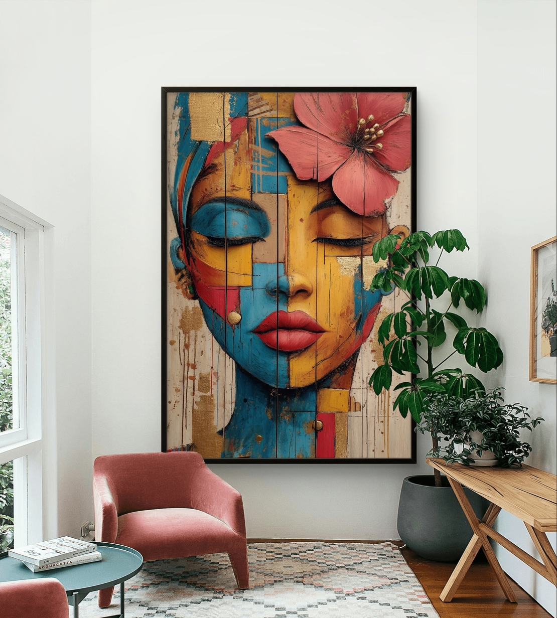 דיוקן נשי אומנותי עם עיניים עצומות ופרח בשיער בגווני טורקיז, זהב ואדמה מודפס על קנבס איכותי