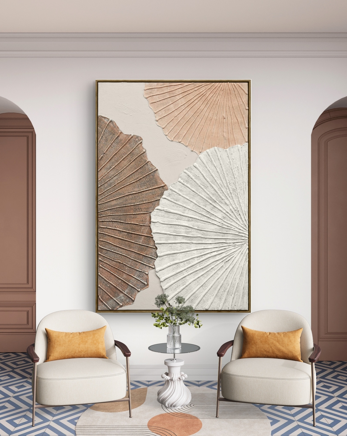 תמונה אבסטרקטית עם תאורת LED ושלט רחוק – עלים מרקמיים בגווני חול דגם LEDA1001--מידה 120-80