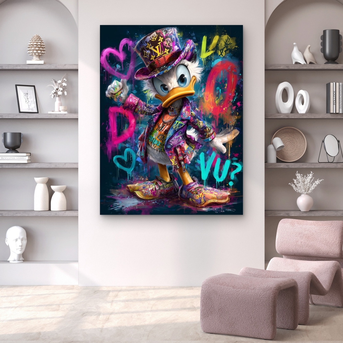 תמונת קנבס צבעונית בסגנון גרפיטי אורבני עם דמות מאוירת וצבעים עזים לעיצוב מודרני לבית