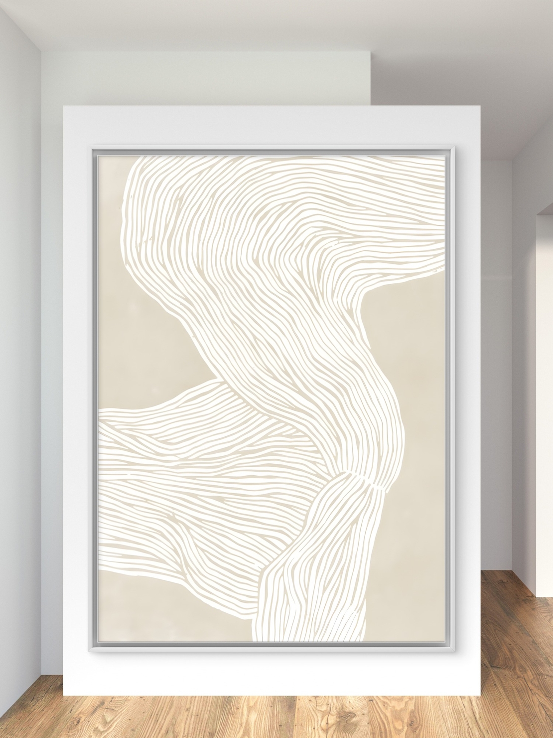 תמונת קנבס מודרנית בגווני שמנת עם קווים לבנים זורמים בעיצוב מינימליסטי מתוך קולקציית NEXTGEN BY BAR מבית תכשיט לבית.