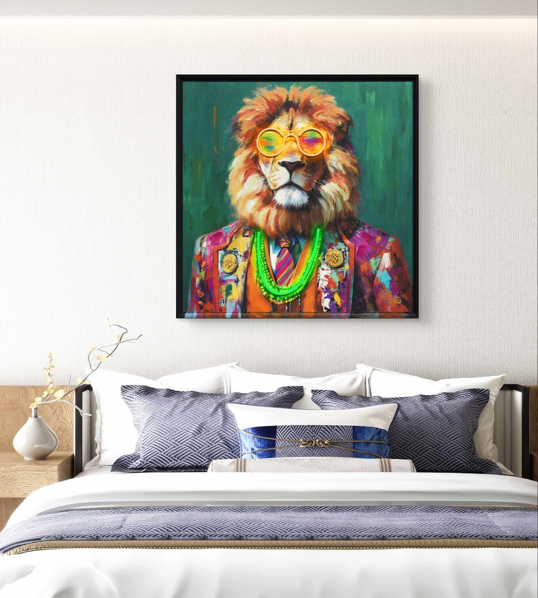 תמונת LED אריה צבעוני עם משקפיים ושרשרת ניאון – מופעלת על סוללות עם שלט רחוק - מידה 83*83 ס