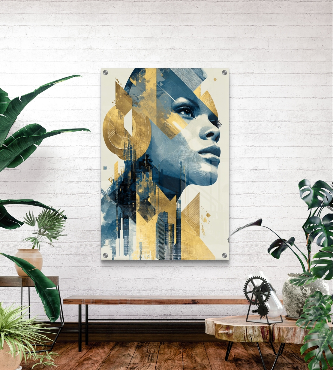 תמונת זכוכית עם דמות נשית בפרופיל, אלמנטים גאומטריים בגווני כחול וזהב ועיצוב מודרני ואלגנטי לקיר