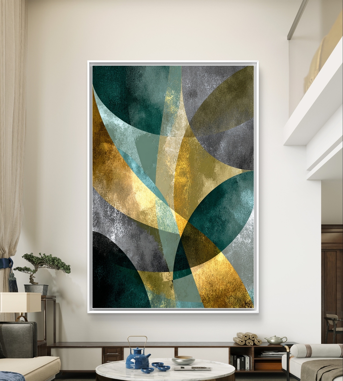 קימורים בטורקיז וזהב – תמונת קנבס אבסטרקט גיאומטרית בגווני ירוק, זהב ואפור | DC4471