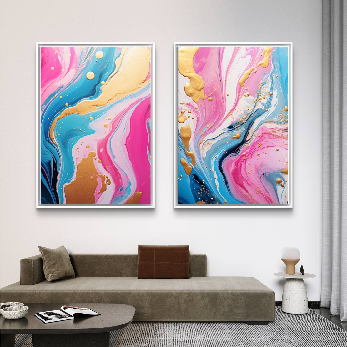 תמונת קנבס זוגית אבסטרקטית בגווני ורוד, תכלת וזהב בעיצוב יוקרתי לסלון