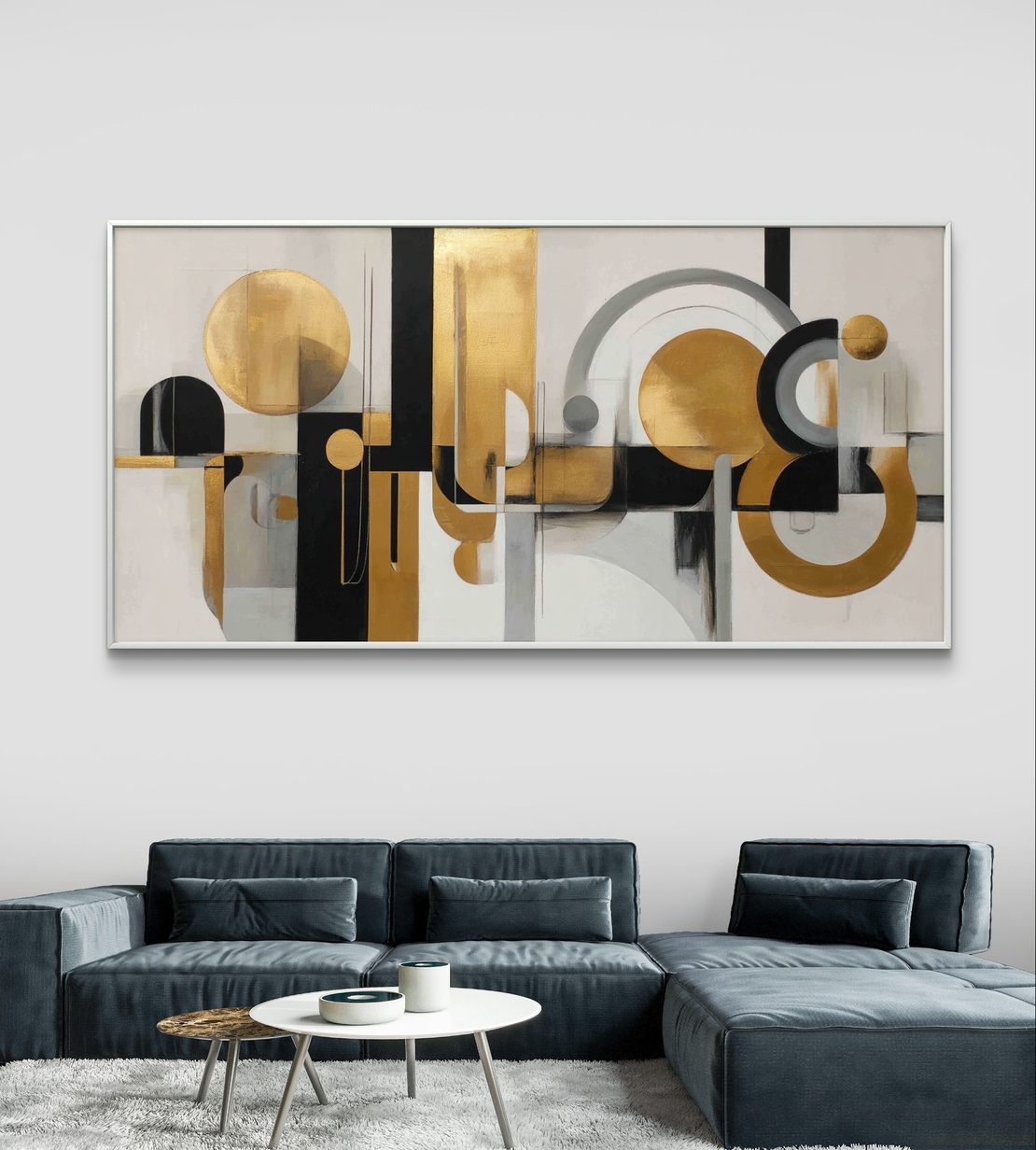 תמונת קנבס גאומטרית לרוחב בגווני שחור, לבן וזהב עם צורות מעוגלות וקווים מודרניים