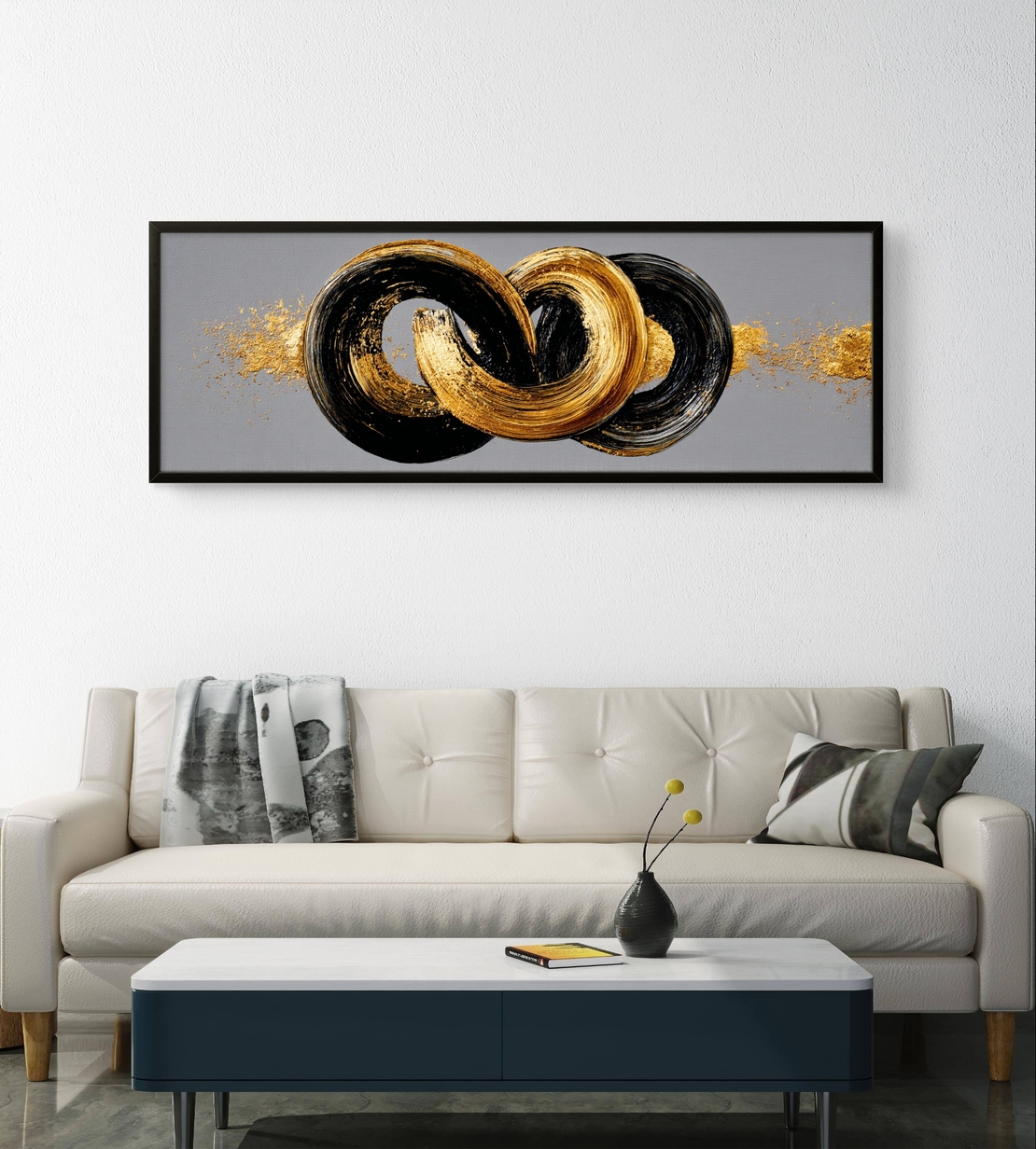 קשר אינסוף – תמונת קנבס פנורמית עם טבעות מכחול בשחור וזהב על רקע אפור | CT4673