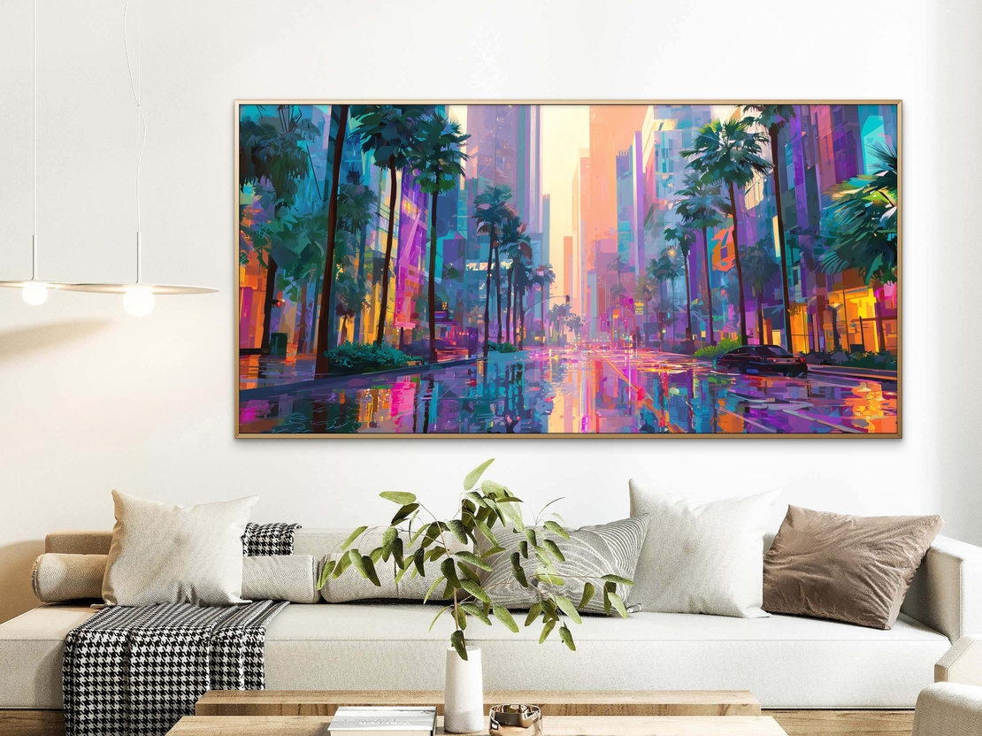 תמונת קנבס אורבנית צבעונית עם רחוב רטוב והשתקפויות ניאון בגווני טורקיז, ורוד וכתום – NEXTGEN BY BAR