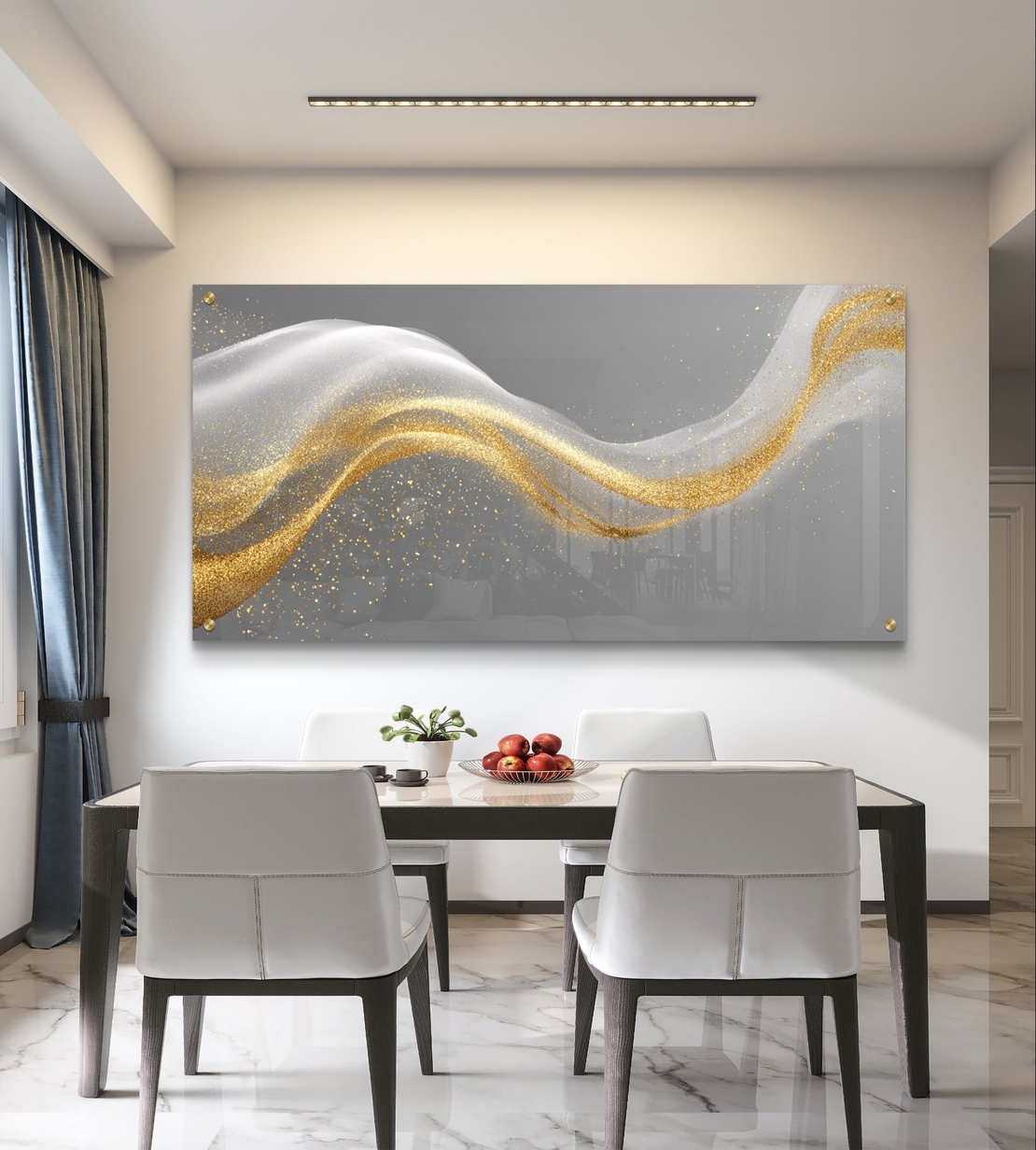 תמונת זכוכית לרוחב עם גל אבסטרקטי בגווני אפור וזהב בעיצוב יוקרתי